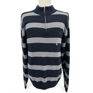 Chaps Mens Sz XXL Quarter Zip Sweater Navy Gray Stripe 100% Cotton Pullover NWT